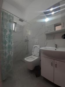 een badkamer met een wit toilet en een wastafel bij Amantius Apartments Borsh Himare in Borsh +19 foto's
