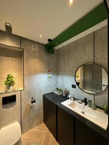 La salle de bains est pourvue d'un lavabo et d'un miroir. dans l'établissement Luxury by The Lake Ap 28, à Sibiu