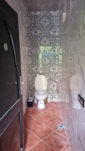 ein Bad mit einem WC und einer gefliesten Wand in der Unterkunft auberge gite de jeunesse les Cascades in Setti Fatma