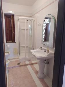 een witte badkamer met een douche en een wastafel bij Anema Home in Serino