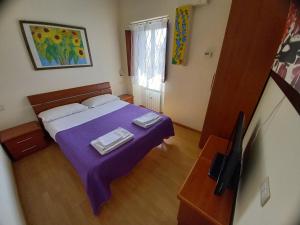 a bedroom with a bed with purple sheets and a tv at Casa Campo de' Fiori in Rome