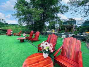 Trang An Moon Garden Homestay في نينه بينه: مجموعة من الكراسي الحمراء على العشب