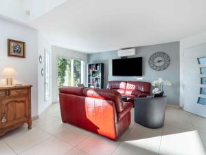 阿格德的住宿－卡皮斯科爾別墅，客厅配有红色真皮沙发和电视