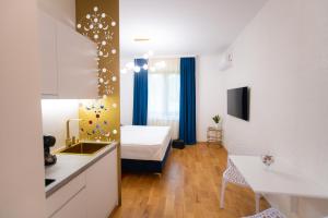 una cocina y un dormitorio con una cama en una habitación en Studio 106 Apartment, en Palić 31 fotos más