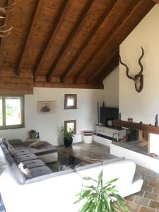 a living room with a white couch and wooden ceilings at Chalet Familial Capricorne in Vercorin