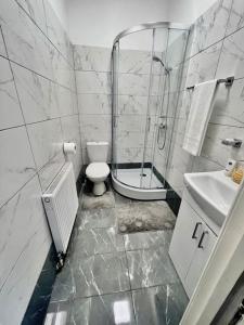 uma casa de banho com um chuveiro, um WC e um lavatório. em Flat 3 Battersea Park Rd, 2 bedroom, 1 Bathroom flat em Londres
