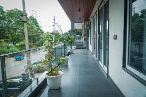 einen Balkon mit Topfpflanzen an der Seite eines Gebäudes in der Unterkunft Hotel Leaf studio Medicity in Gurgaon