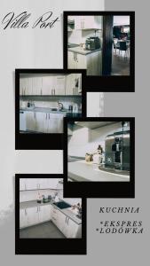 a collage of photos of a kitchen with white cabinets at Villa Port in Iława