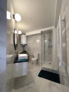 ein Badezimmer mit Dusche, Waschbecken und Toilette in der Unterkunft La Bohème in Romainville