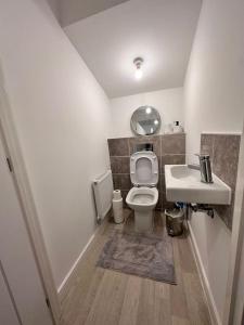 een kleine badkamer met een toilet en een wastafel bij The Bootle House in Litherland