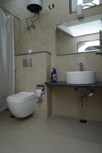 bagno con servizi igienici, lavandino e specchio di Madhav Kuteer B- 34 Vrindavan a Vrindāvan