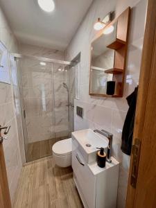een badkamer met een toilet, een douche en een wastafel bij Stefan Suite Belgrade Center Apartment in Belgrado