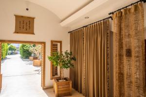 a hallway with curtains and a plant on a table at Costa Maya Bodrum in Bodrum City