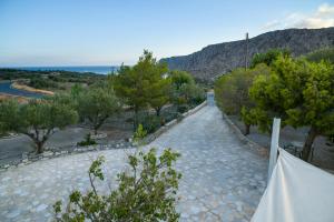 a stone path with trees and a mountain in the background at casa cabinari MANH in Yerolimin