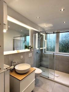 ein Bad mit einer Glasdusche und einem Waschbecken in der Unterkunft Winterberg Appartement 21093 in Winterberg