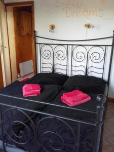 ein schwarzes Bett mit zwei rosa Kissen darauf in der Unterkunft Haus Babajaga in Allrode
