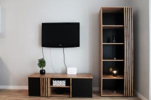 a living room with a tv and a book shelf at Golden Apartments Gdansk&P29 in Gdańsk