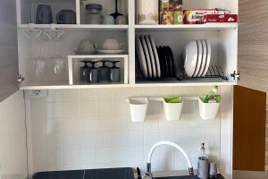 a kitchen with a sink and shelves with dishes at Red Signature HUB - Design Apartment in SantʼAgapito