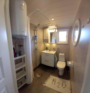 a small bathroom with a toilet and a sink at Tofte Guesthouse nära hav, bad och Marstrand in Lycke