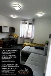 salon z 2 łóżkami i kanapą w obiekcie STARÓWKA Apartament Stare Tychy w Tychach