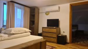 Schlafzimmer mit einem Bett und einem Flachbild-TV in der Unterkunft Hanul Ancutei in Curtea de Argeş