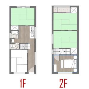 un plan y elevación de una casa en Osaka KAYA Traditional Tatami house 2-6 ppl near station and park direct to KIX airport en Osaka