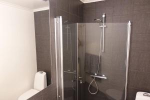 a bathroom with a shower with a glass door at Just behind The Royal Palace in Oslo +20 photos