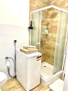 a small bathroom with a shower and a toilet at DOMAX in Legnica