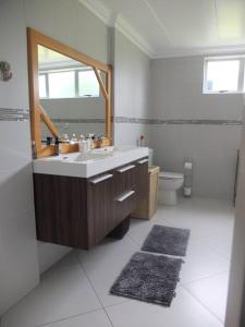 a bathroom with a sink and a mirror and a toilet at Korsmans Retreat - Large Modern Self-Catering Flat in Benoni