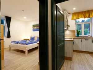 a living room with a bed and a kitchen with a kitchen at Apartment Přehrada Souš by Interhome in Desná +27 photos