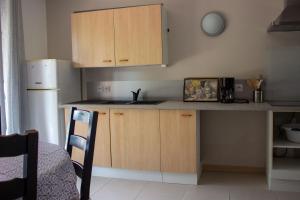 a kitchen with wooden cabinets and a counter top at le Fumant in Saint-Paul-en-Cornillon