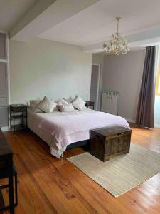 a bedroom with a large bed and a chandelier at The Soulful Retreat in Héres +27 photos
