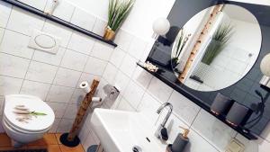 uma casa de banho com um WC, um lavatório e um espelho. em Ferienwohnung Haus Schöneck em Schönecken
