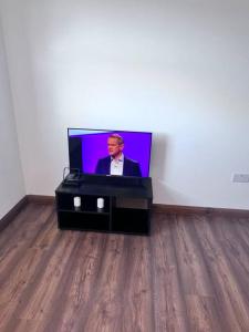 a television screen with a man on it in a room at Flat 8 near Westfield Centre, 1 Bedroom, 1 Bathroom flat in London
