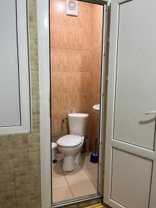 a small bathroom with a toilet and a shower at Sun in Khmelnytskyi