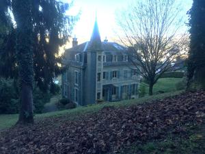 une grande maison avec une tour sur une colline dans l'établissement Villa Morton - Domaine du Grand Tourmalet Pic du Midi, à Bagnères-de-Bigorre