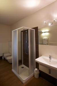W łazience znajduje się prysznic i umywalka. w obiekcie Hotel Leon D'Oro w mieście Mantova