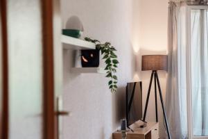 a room with a lamp and a plant on a wall at Maraini 17 by Quokka 360 - panoramic flat near the station in Lugano