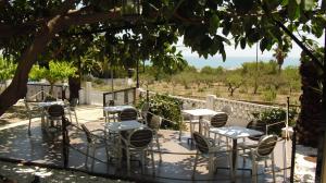 un patio con mesas y sillas bajo un árbol en Hotel Serra D'írta, en Alcossebre