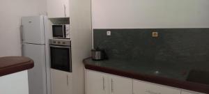 uma cozinha com um balcão preto e um frigorífico em Chez Nouny em Le Marin