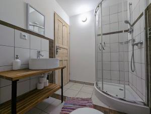 y baño blanco con lavabo y ducha. en Dębina30 - Naturalnie odpoczniesz, en Gorzów Śląski