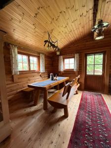 una mesa de ping pong en una habitación en una cabaña de madera en Harrys Blockhütte, en Karres