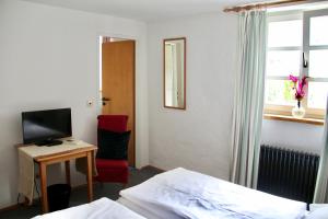 1 dormitorio con 1 cama y escritorio con TV en Schildwirtschaft Zum Rothen Ochsen, en Laupheim