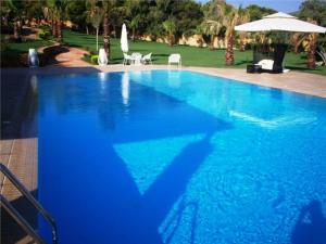 a blue swimming pool with a shadow of a person at MEDOUSA VILLA in Porto Rafti