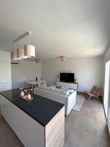 ein Wohnzimmer mit einer Küche und einem Sofa in der Unterkunft Apartment in Lo Pagán - San Pedro Del Pinatar- Rooftop - Swimming Pool - Beach 50m away ! in San Javier