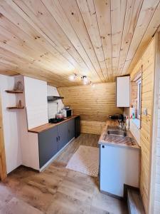 a kitchen with wooden walls and a wooden ceiling at Domek nad Potokiem w Beskidach in Rajcza