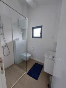een badkamer met een glazen douche en een toilet bij Mini Condos® 28DL - 1 bed condo, 2 min to the sea in Tivat