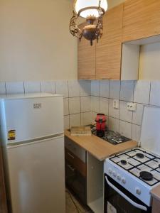 a kitchen with a white refrigerator and a stove at Oscar's Central Apartment in Timişoara