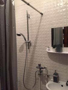 een badkamer met een douche, een toilet en een wastafel bij Poilsio kampelis virš cukrainės Druskininkuose in Druskininkai