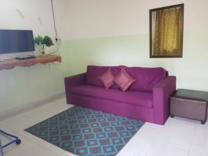 パンタイチェナンにあるImpiana homestay langkawiのリビングルーム(紫色のソファ、テレビ付)